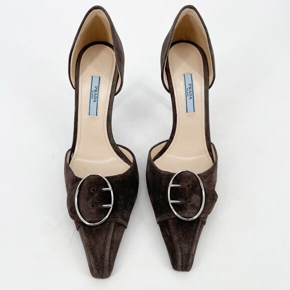 Prada IT 40 Graphite Suede D’Orsay Pumps with Oversized Buckle New with Box - Picture 6 of 13